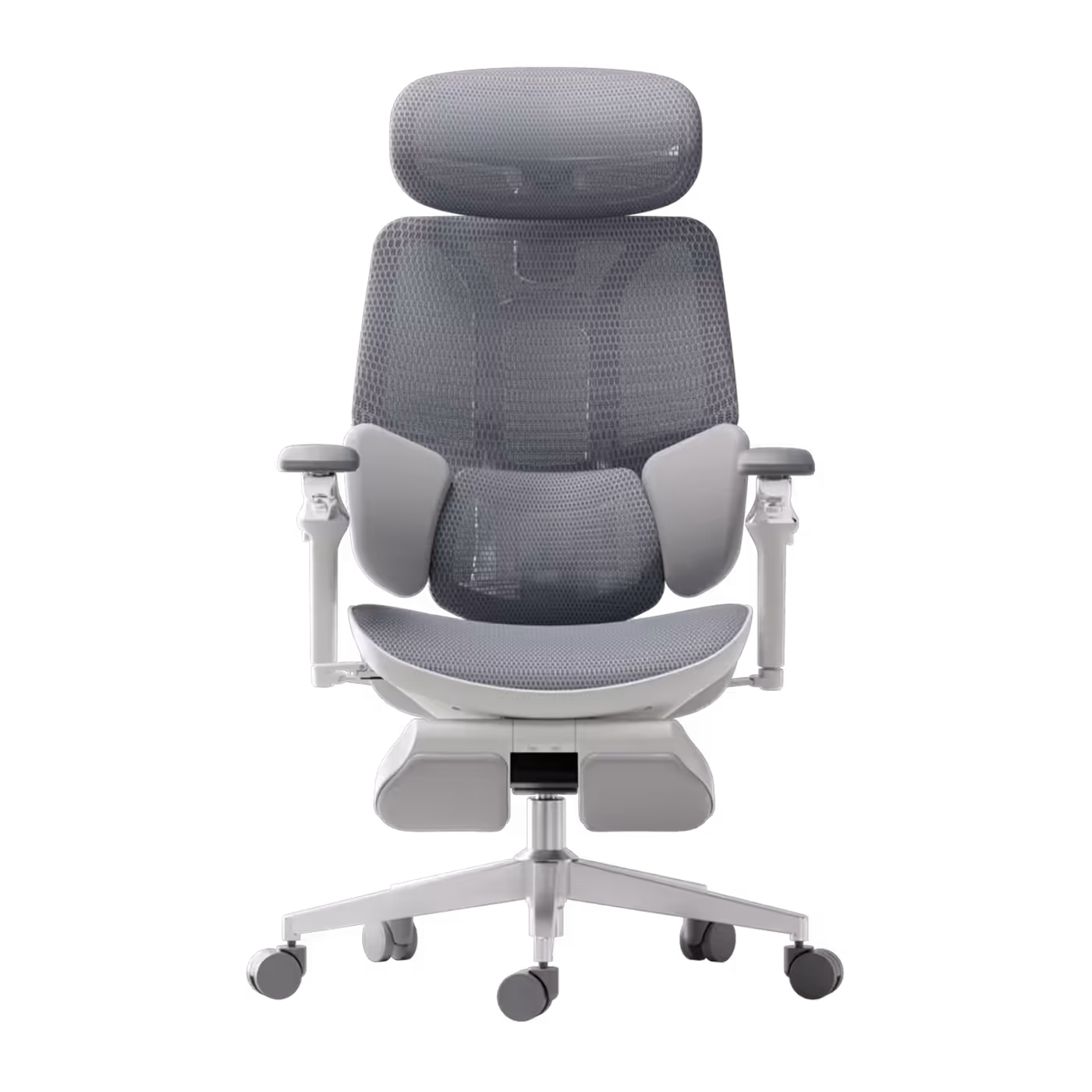 Ergonomic office chair showing adjustable lumbar headrest and armrests