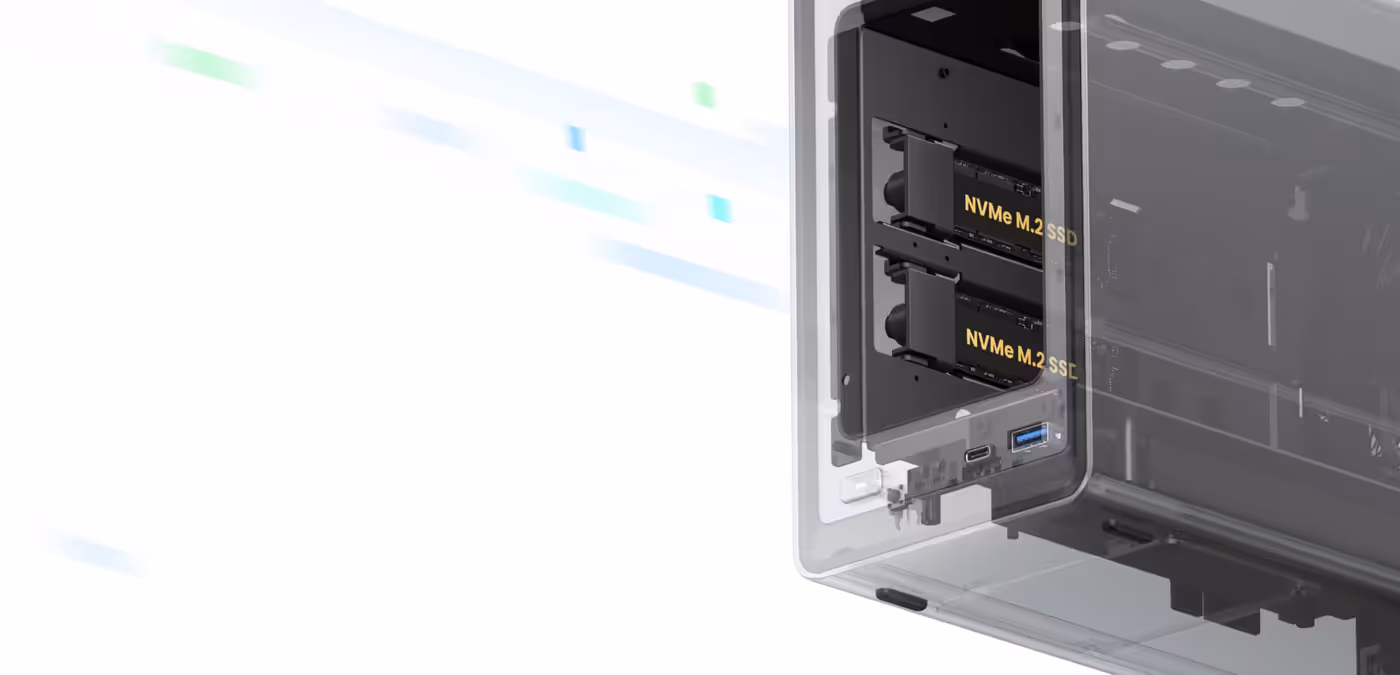 UGREEN NASync DXP2800 NVMe M.2 SSD slots for cache acceleration and faster data access.