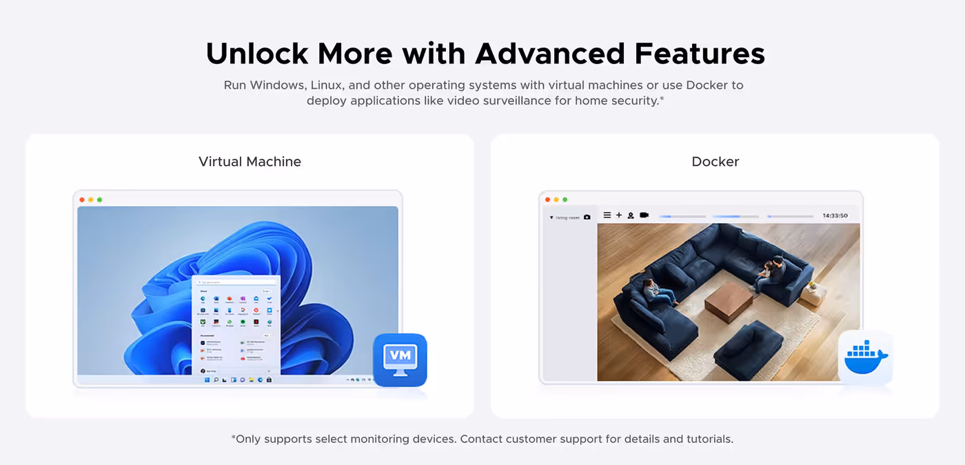 Docker container setups and virtual machine configuration panel on the UGREEN storage platform