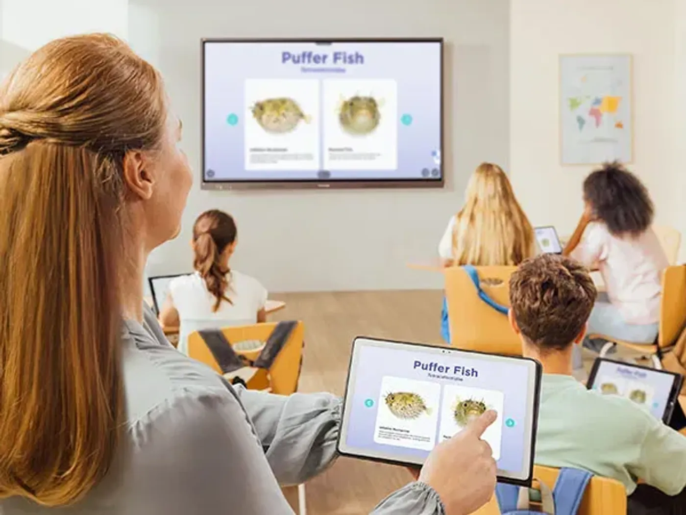 Students interacting with myViewBoard software and ViewSonic educational tools on a display
