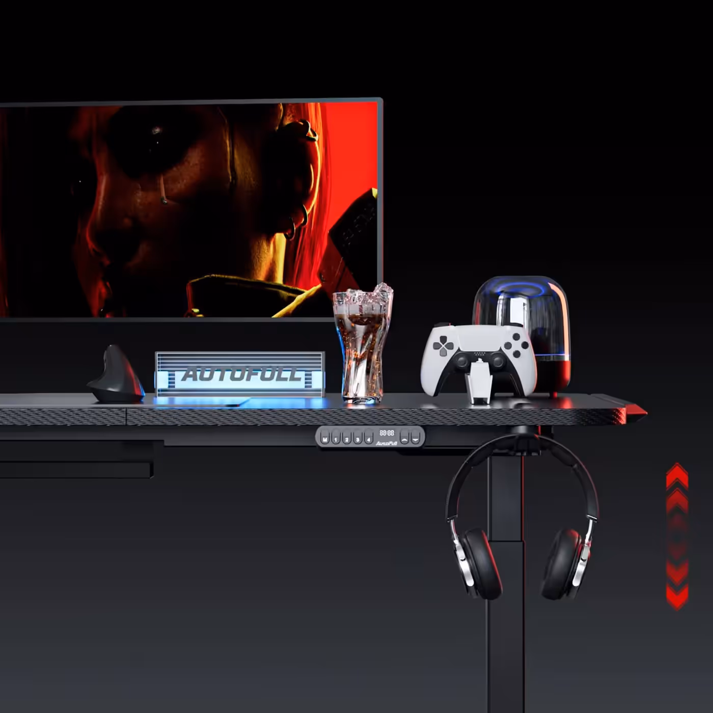 Diagram showing the silent motor technology and precision lifting specs of the desk