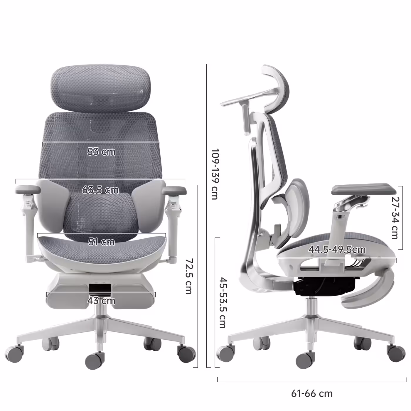HBADA ergonomic chair product information with capacity and dimensions