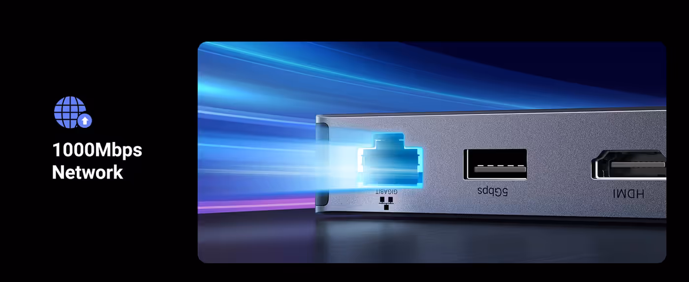 Gigabit Ethernet port connection showing high-speed wired network access