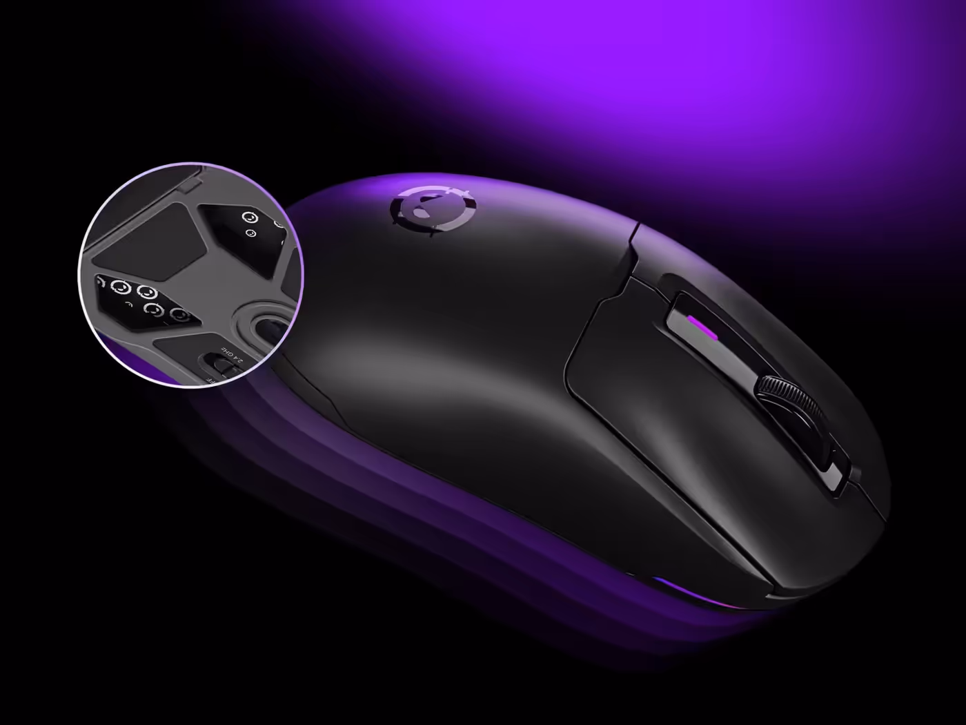 Lightweight 65g gaming mouse with visible internal PCBA components