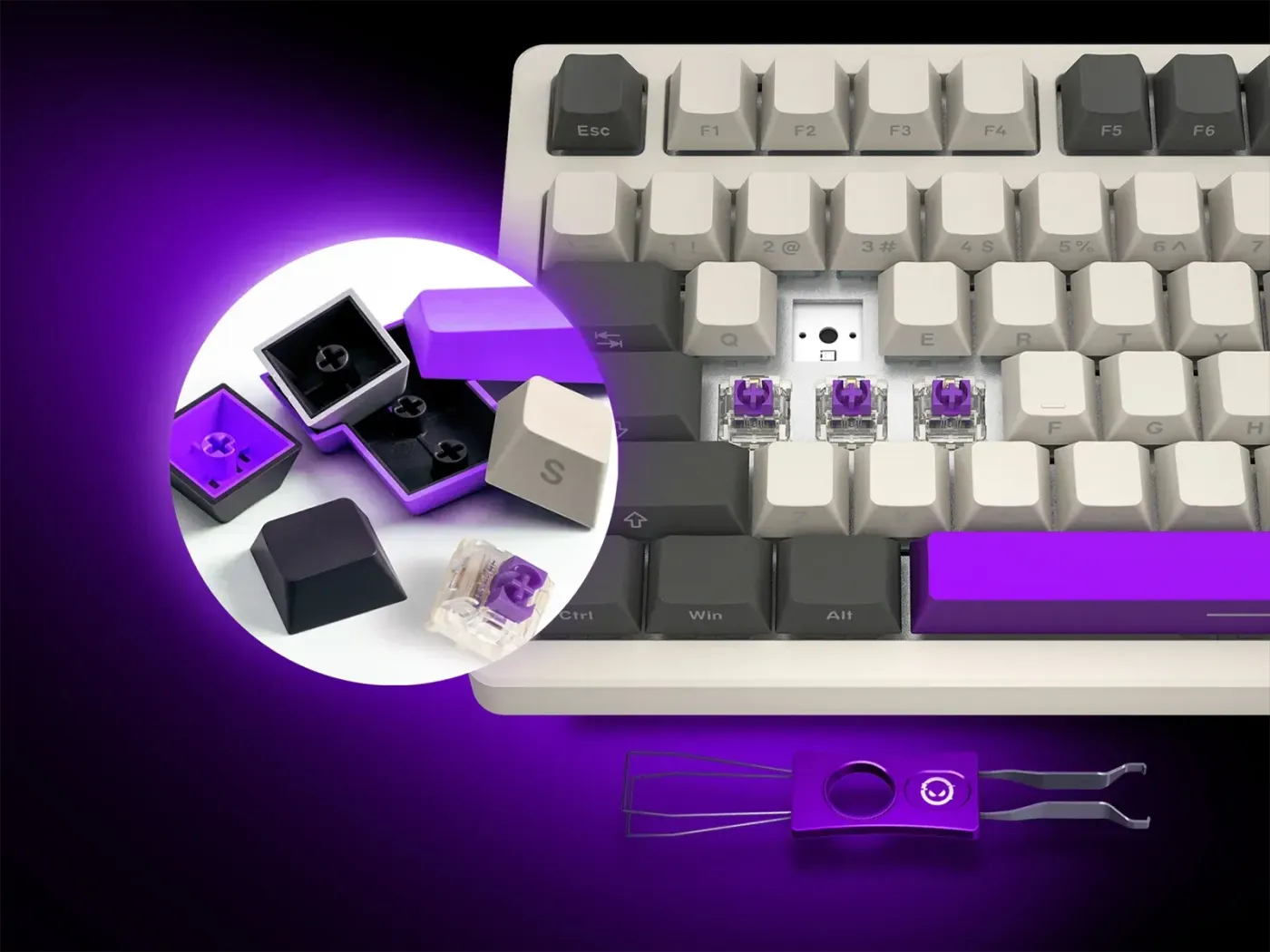 Hot-swappable keyboard switch mechanism showing tool-free replacement capability