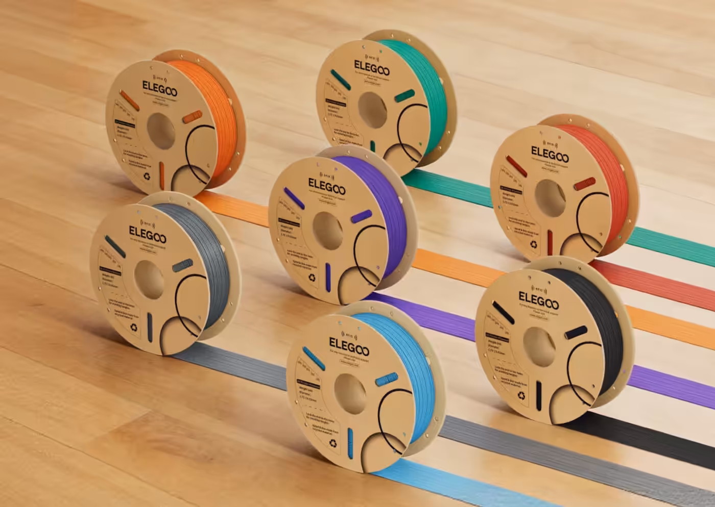 Elegoo PLA filament rolls in a variety of vibrant colors