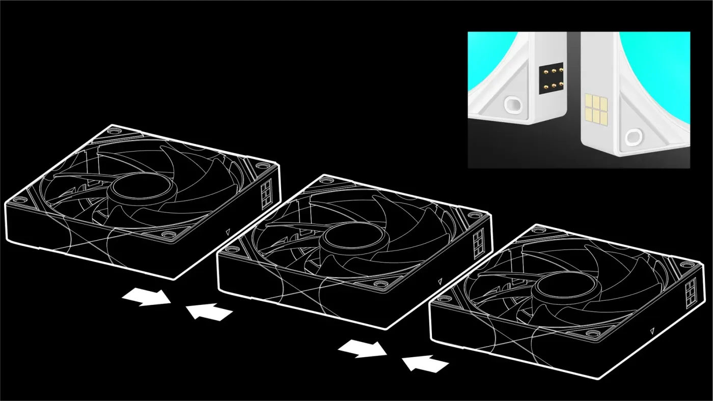 Contact point transmission design for stable power and clean cable-free fan aesthetics