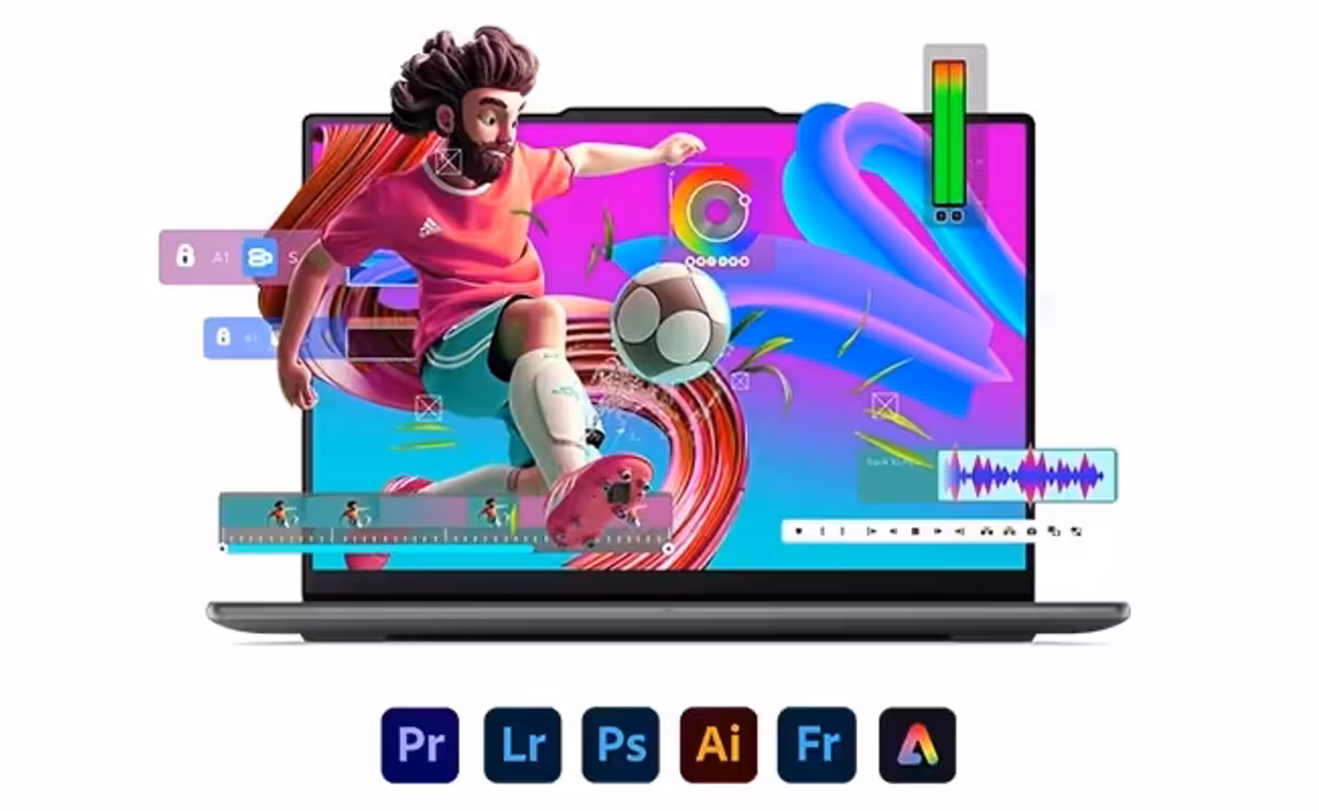 Animated soccer player and Adobe Creative Cloud icons on laptop display