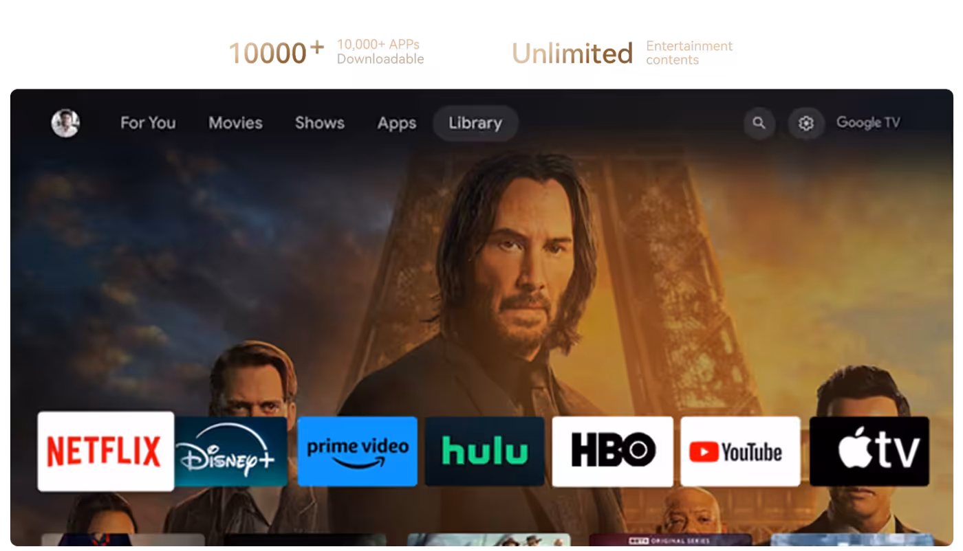 Google TV interface showing app selection and streaming options