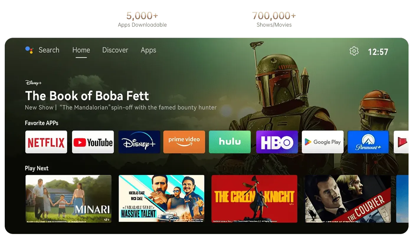 Android TV 11.0 interface displaying streaming apps and entertainment options