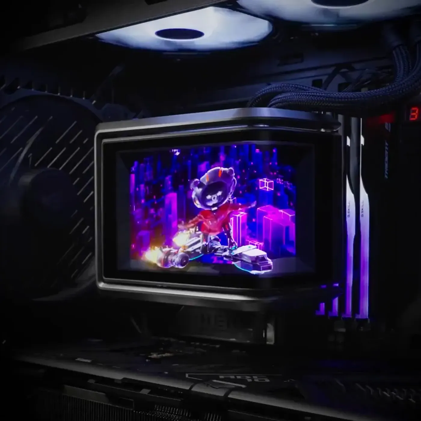 Curved display demonstrating naked-eye 3D video effects and hardware info