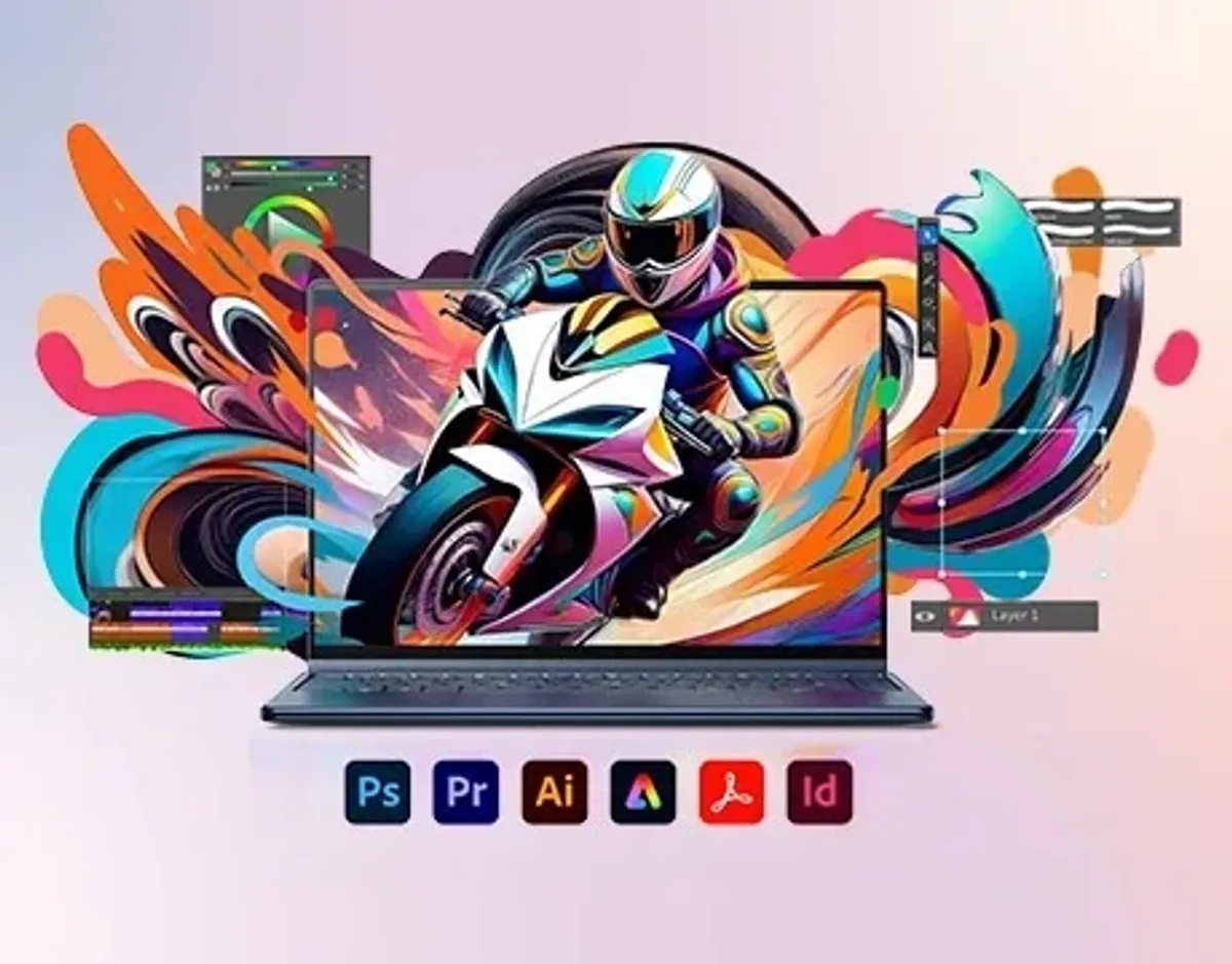 A colorful image of a motorcycle driver fills and surrounds the Yoga 9i 2-in-1 Gen 10 Aura Edition (14 Intel), with icons for Adobe products in the foreground.