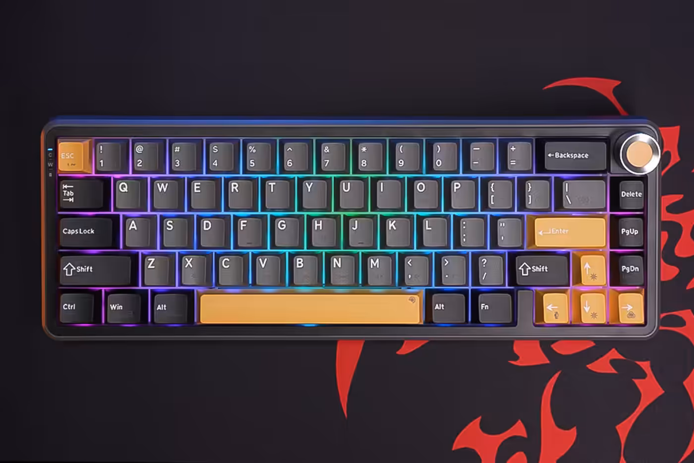 Keyboard with vibrant south-facing RGB lighting effects in a dark environment