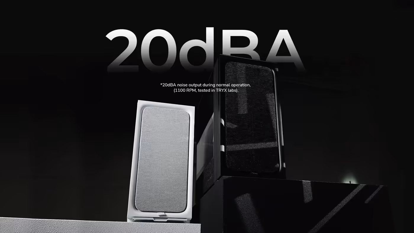 The white FLOVA F50 chassis shown from the front with its fabric-wrapped exterior panels