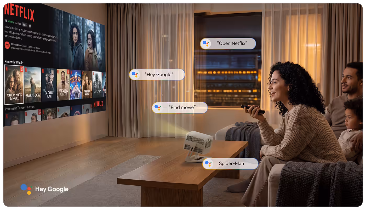 User utilizing voice commands to interact with the projector via Google Assistant