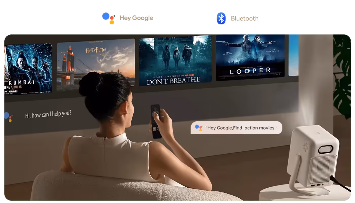Smart projector with Google Assistant voice control features