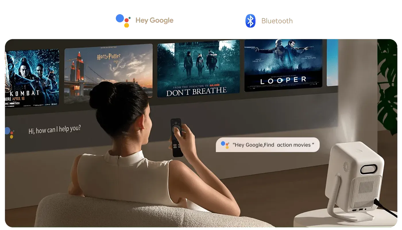 Smart projector with Google Assistant voice control features