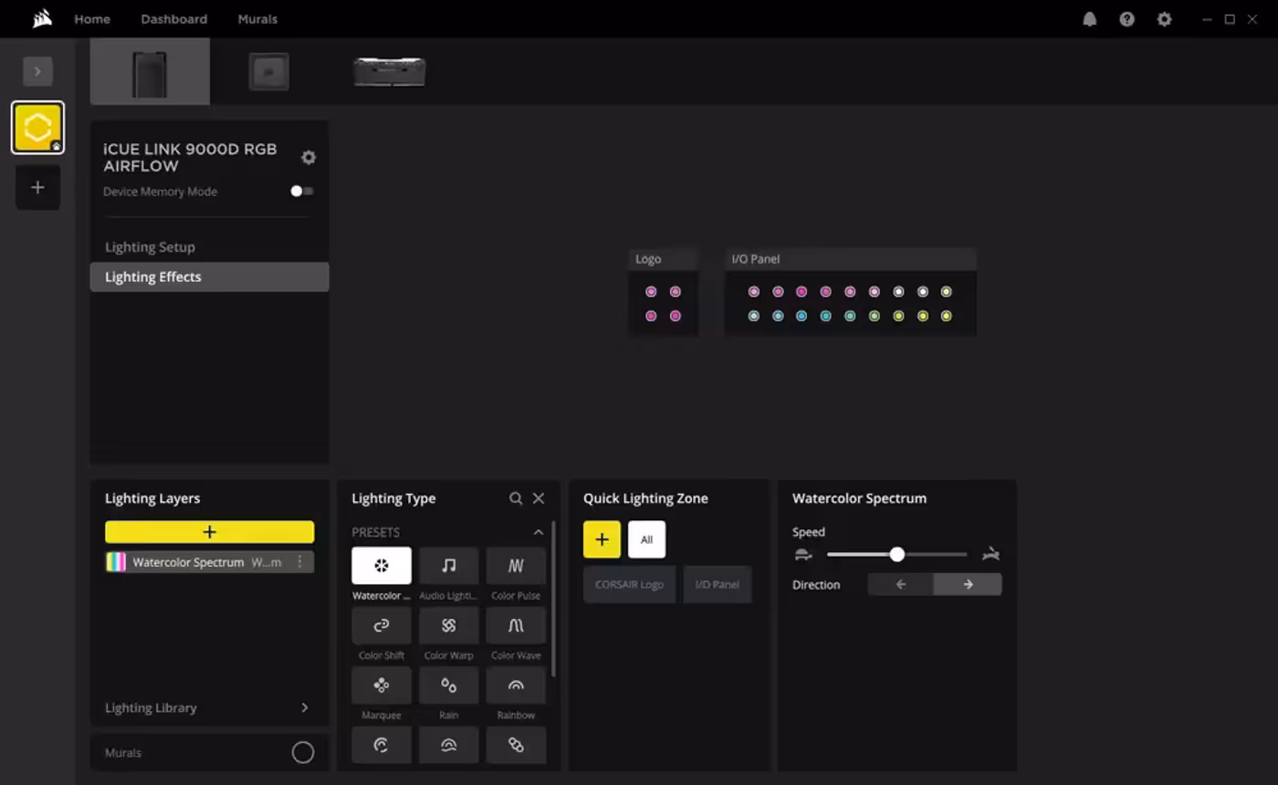 iCUE lighting effects controls for the 9000D RGB AIRFLOW