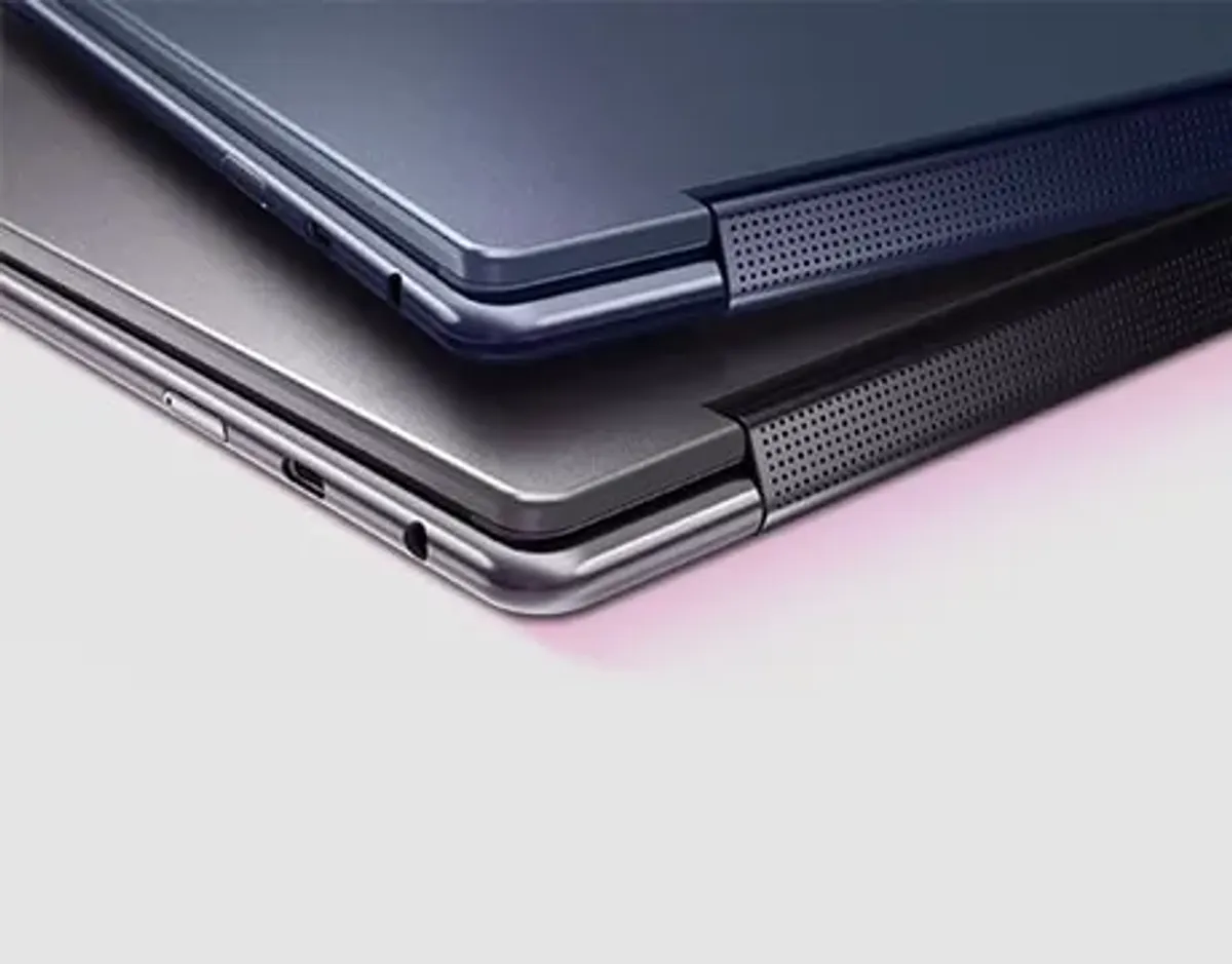 Closeup of the back rear corners of two models of the Yoga 9i 2-in-1 Gen 10 Aura Edition (14 Intel).