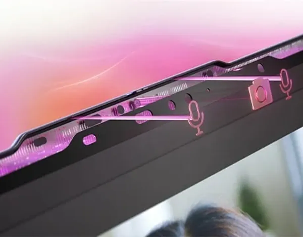 Closeup breakaway view of the Premium Suite camera and mics on the Yoga 9i 2-in-1 Gen 10 Aura Edition (14 Intel).