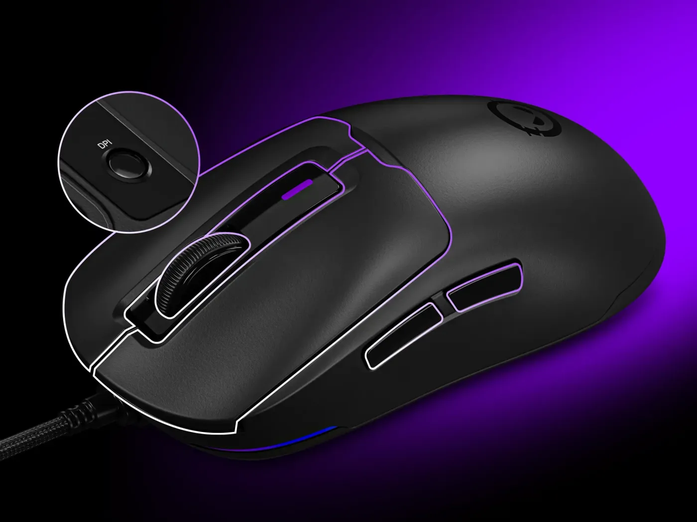 Gaming mouse showing 6 programmable buttons and scroll wheel