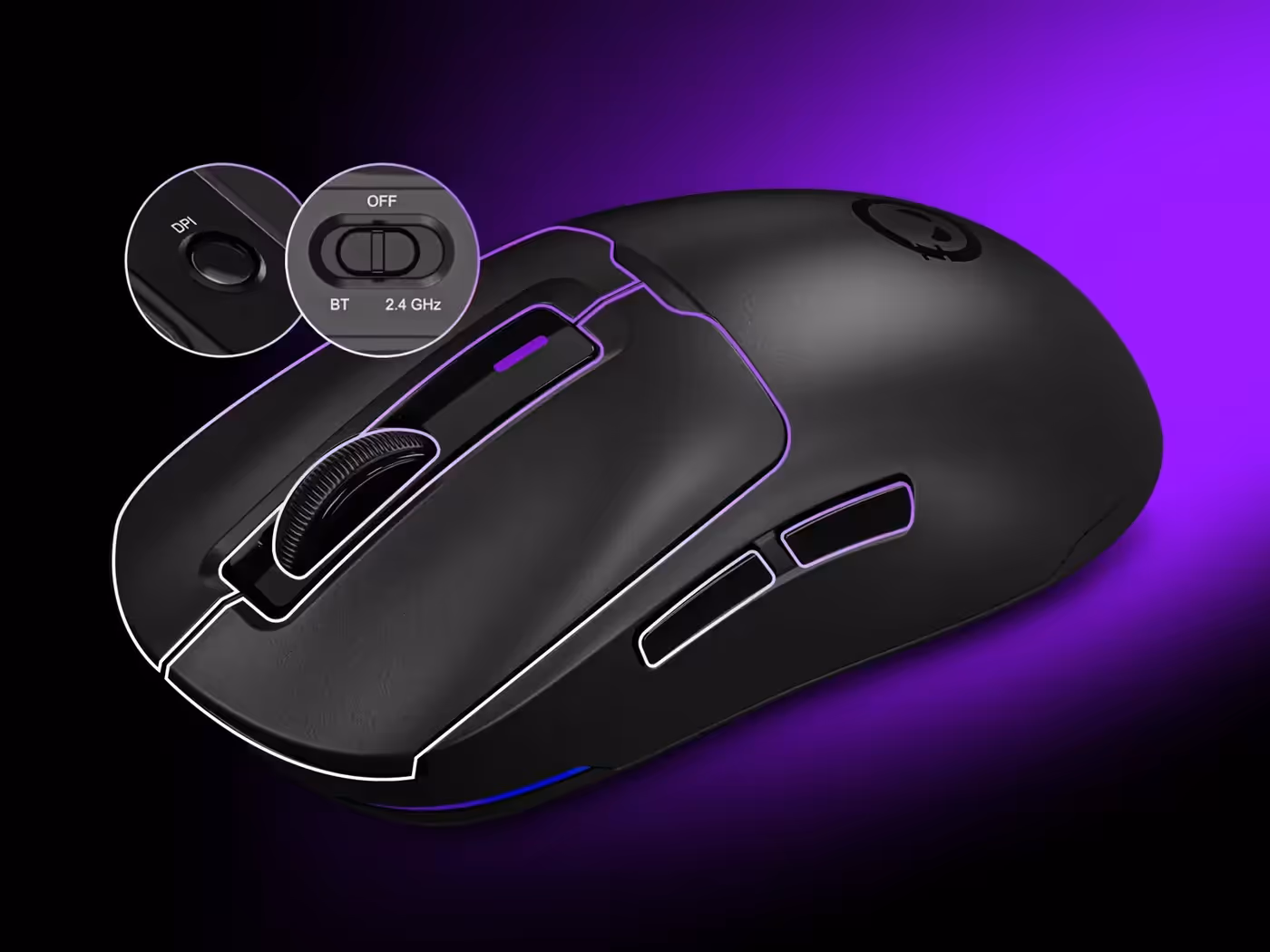 Diagram of gaming mouse showing 7 functional buttons and switches