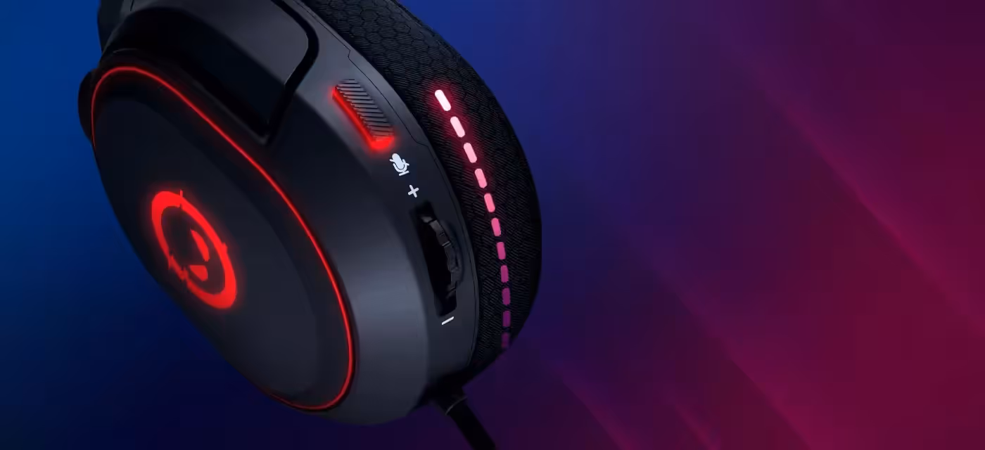 Physical volume wheel and mute button on gaming headset