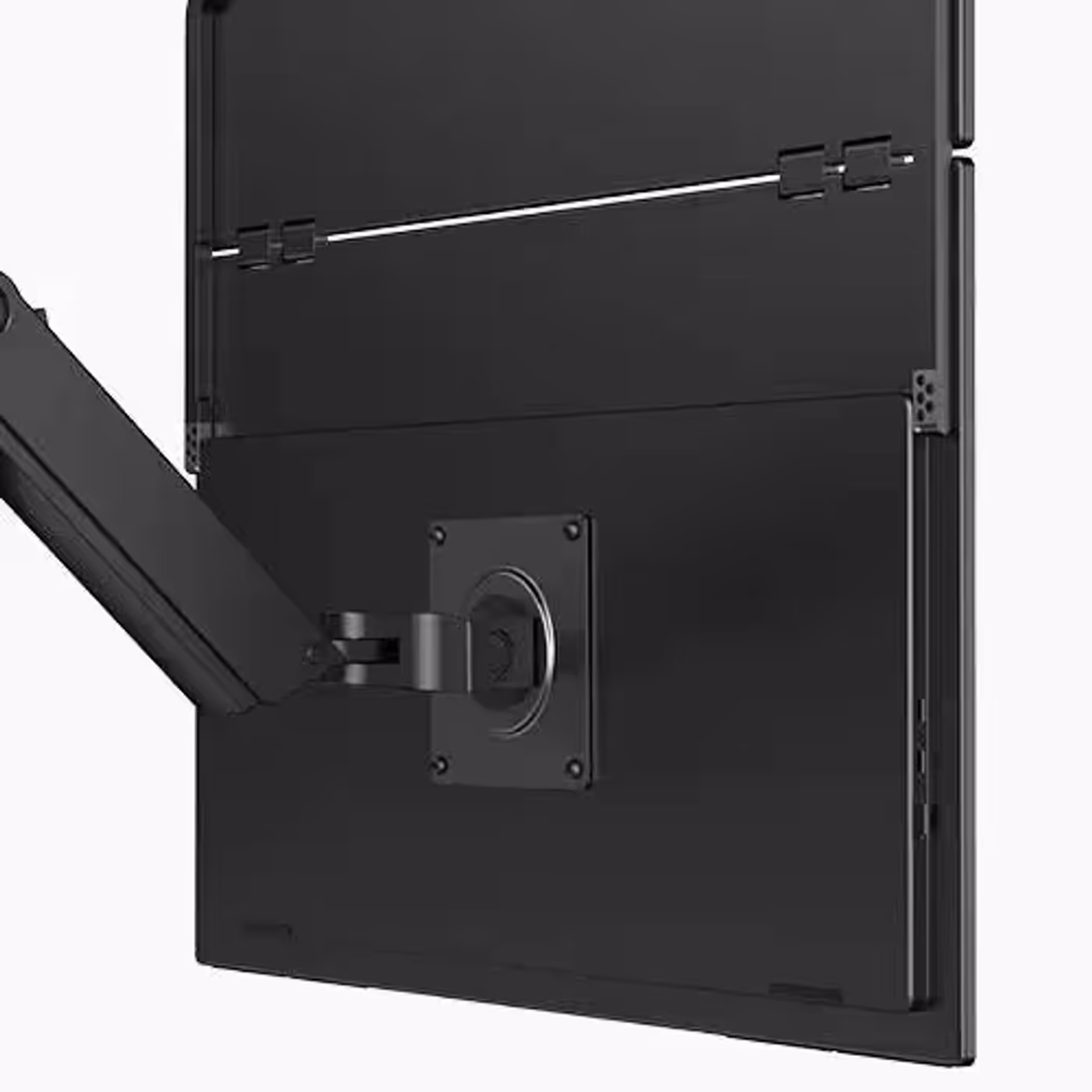 Monitor VESA mounting interface showing flexible installation options on a desk arm
