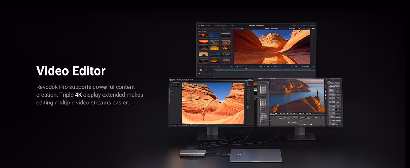 Video editor workspace utilizing multiple screens and high-speed data ports