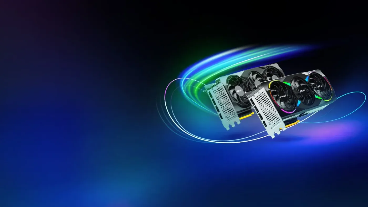 PNY GeForce RTX 50 Series GPU banner highlighting Blackwell architecture and AI capabilities