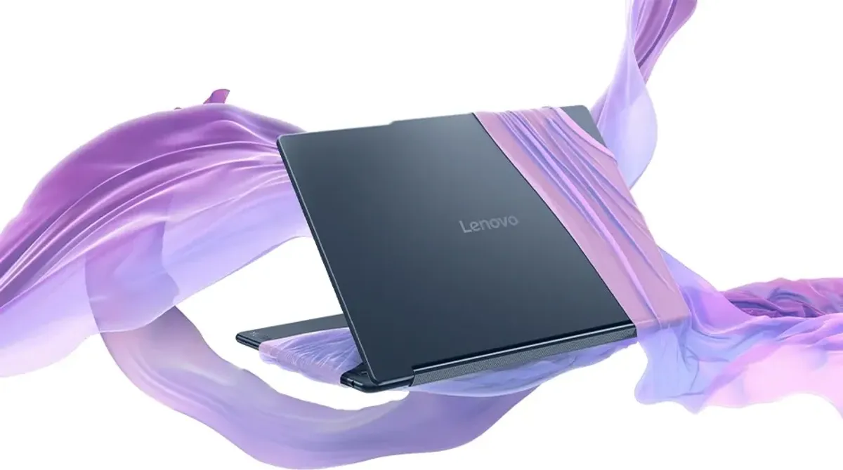 Back view of the Yoga 9i 2-in-1 Gen 10 Aura Edition (14 Intel) draped in lavender ribbon.