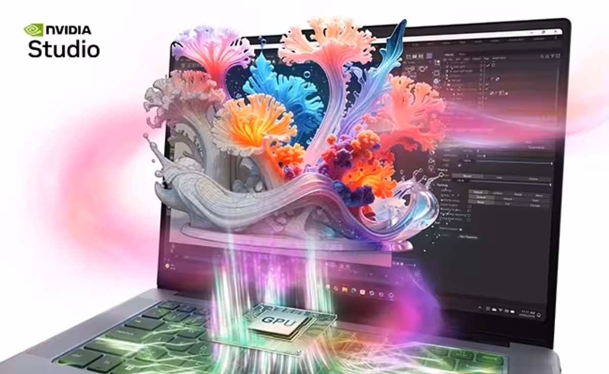 Colorful images emerge from the display of the Lenovo Yoga Pro 7i Gen 11 Aura Edition (15” Intel) as the GPU rises from the keyboard. An NVIDIA Studio logo is in the upper left corner.