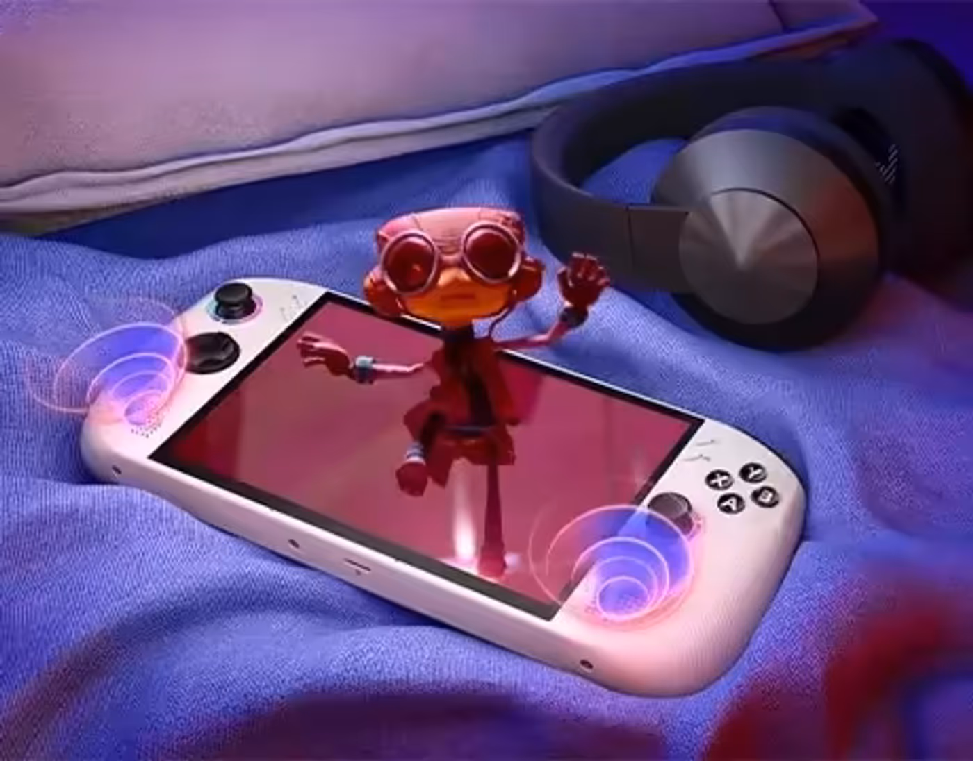 Lenovo Legion Go S Gen 1 (8") gaming handheld on a bed, displaying a 3D character with immersive sound effects visualized.