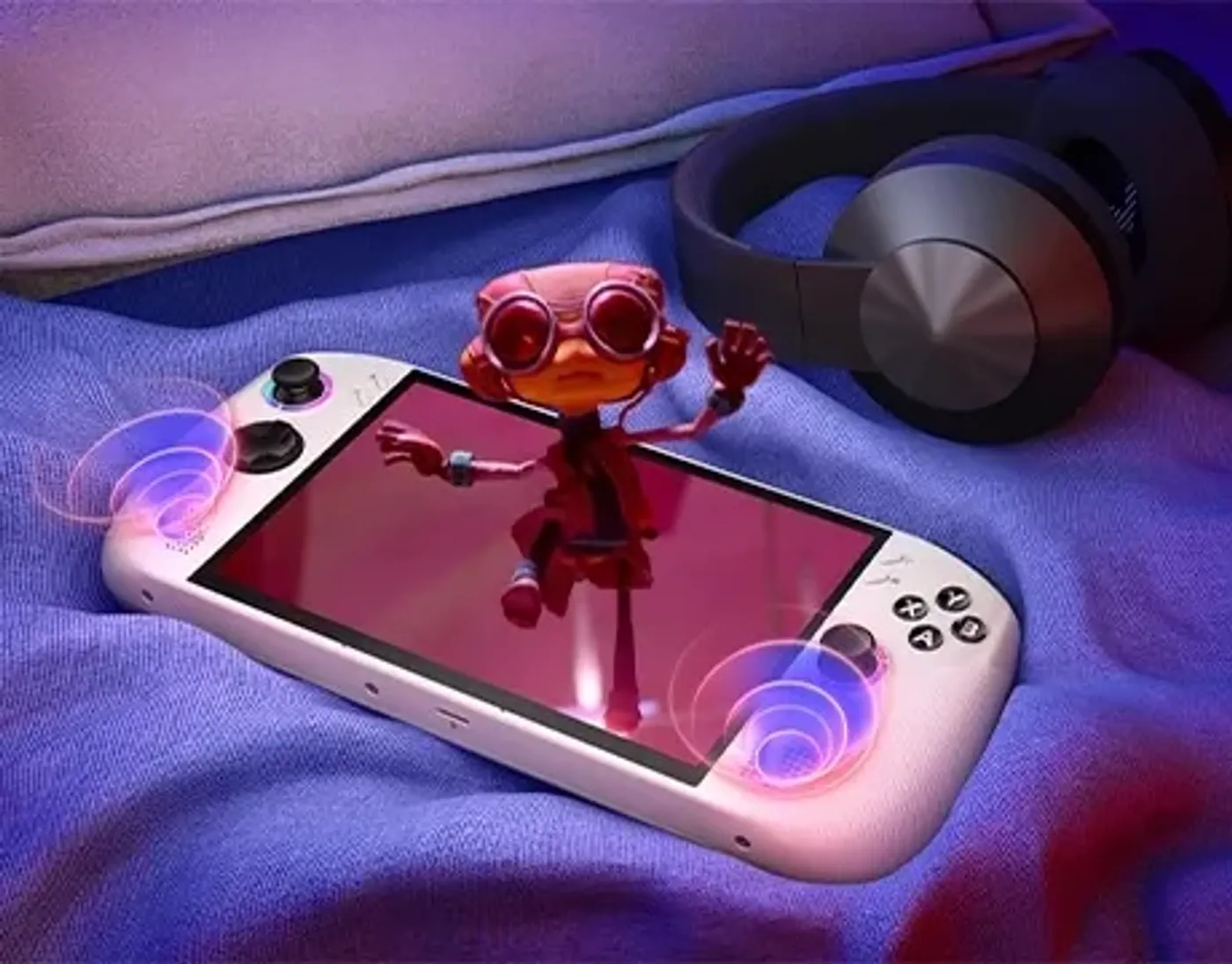 Lenovo Legion Go S Gen 1 (8") gaming handheld on a bed, displaying a 3D character with immersive sound effects visualized.