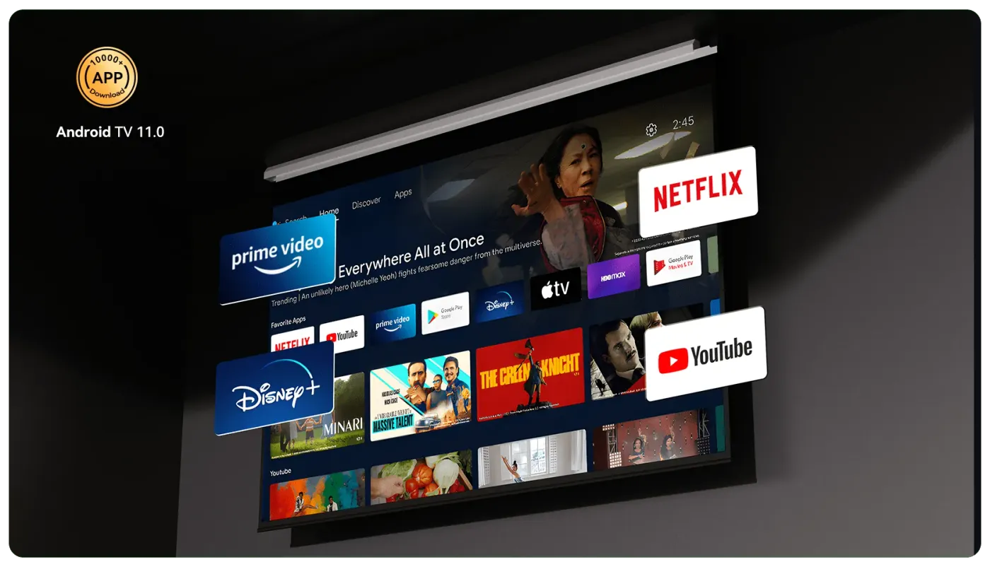 Android TV 11.0 interface with apps and streaming content on projector