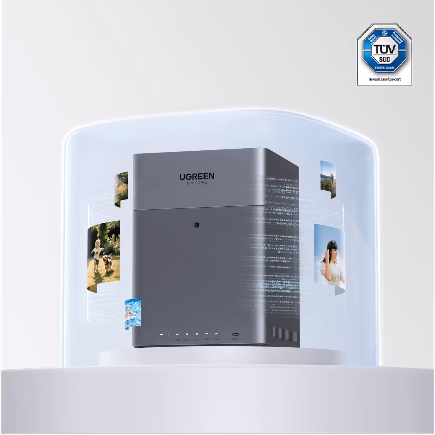 UGREEN NASync DH4300 Plus product render with TÜV SUD security badge