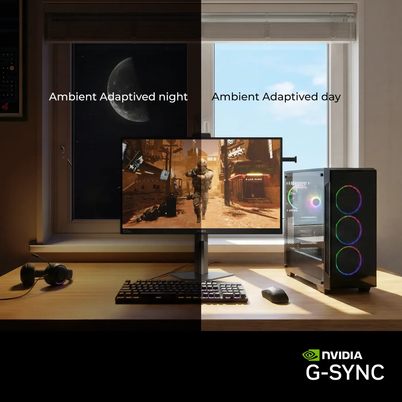 G-SYNC Ambient Adaptive Technology automatically adjusting display settings based on lighting conditions