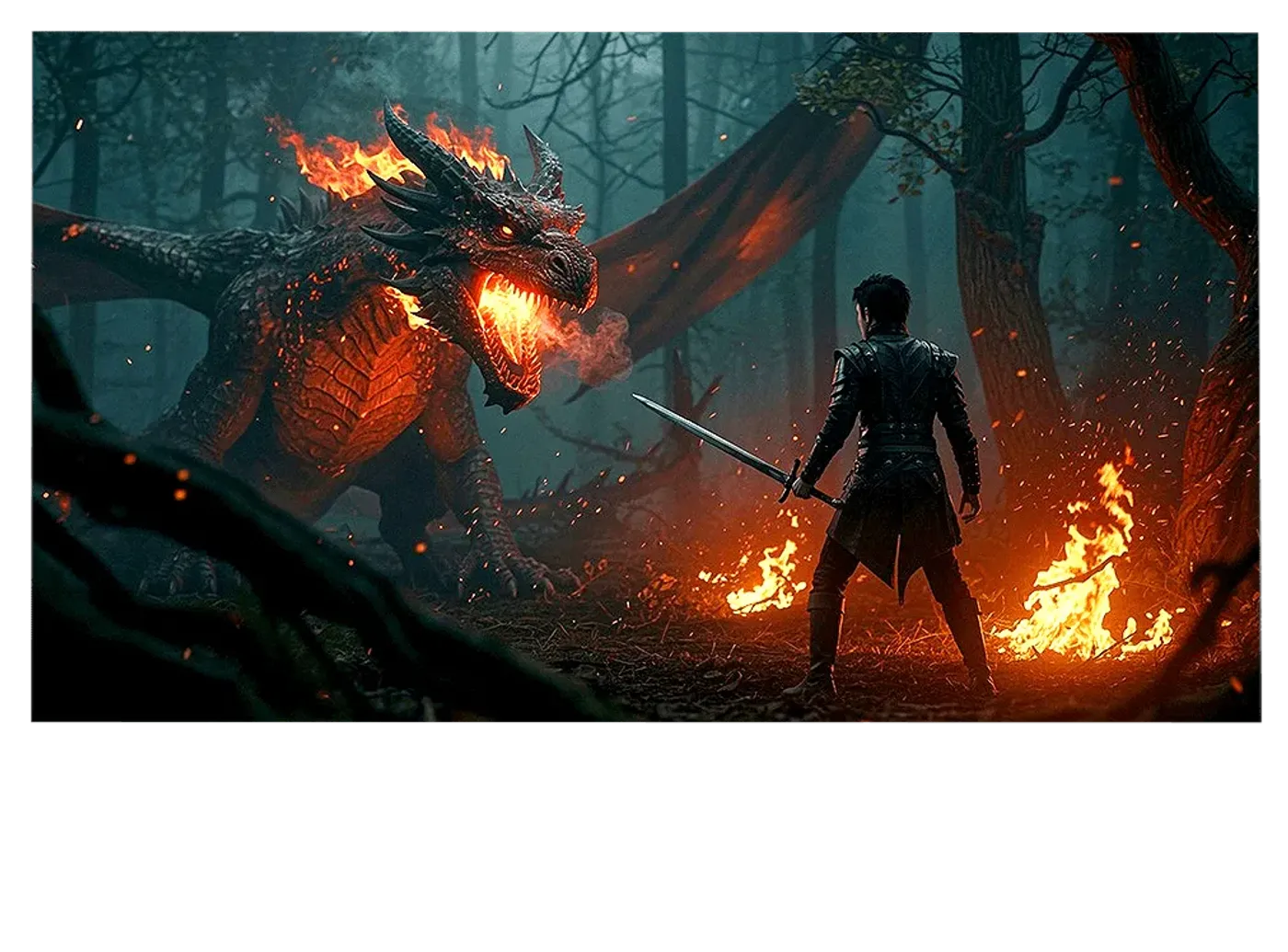 A warrior stands in front of a fire-breathing dragon illustrating rich colors and fine detail in 5K mode