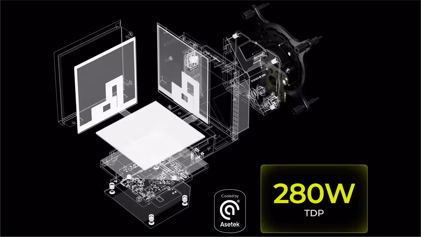 ASETEK integrated pump head showing 280W TDP cooling performance