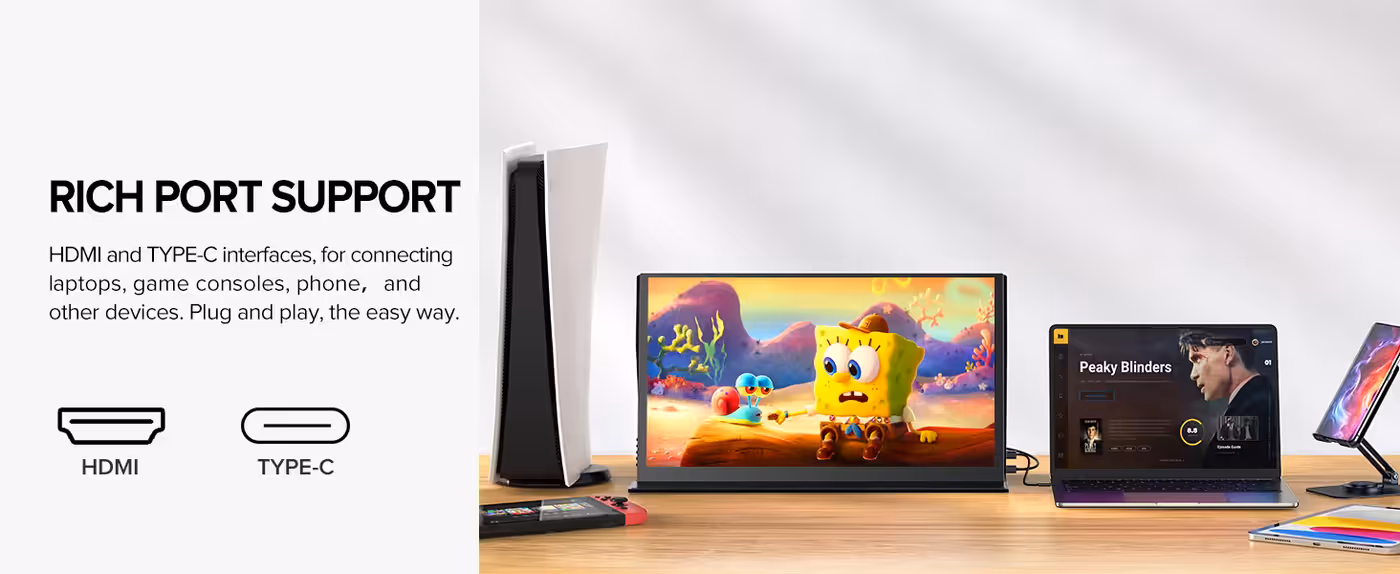 Two application windows side by side on the 16:9 portable monitor