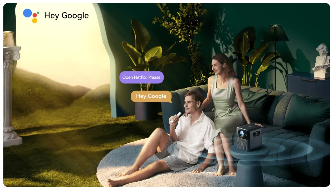 Google Assistant voice control interface for hands-free projector operation