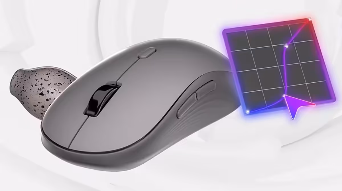 The Yoga Bluetooth Silent Mouse surrounded by geometric shapes.