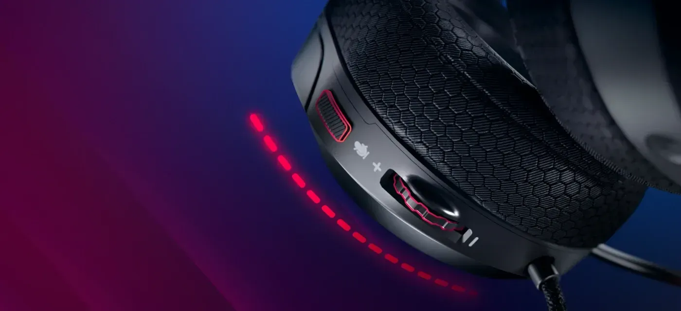 Inline volume control wheel and mute button on Kaya 360 headset