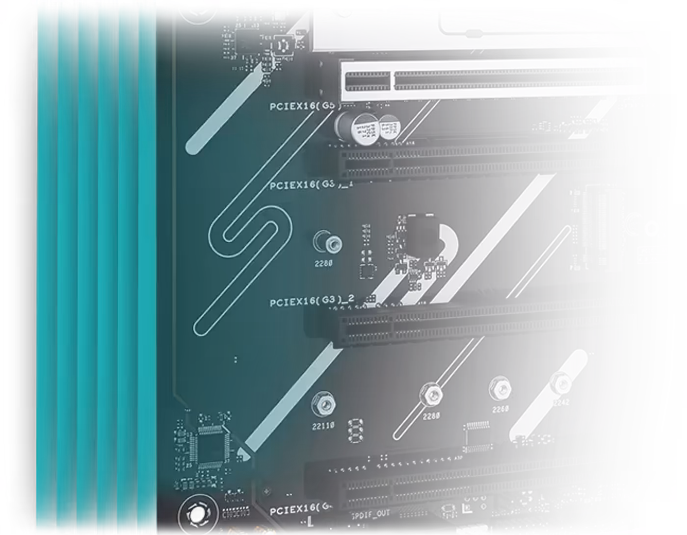 Close up of the motherboard's six-layer PCB design used for optimized heat management