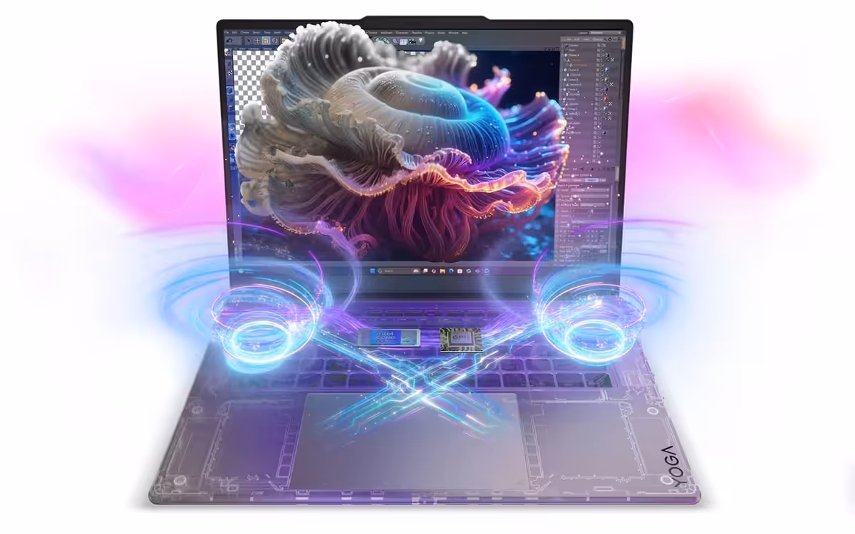 Front view of the Lenovo Yoga Pro 7i Gen 11 Aura Edition (15” Intel) with graphical swirls representing cooling airflow hovering over the keyboard.