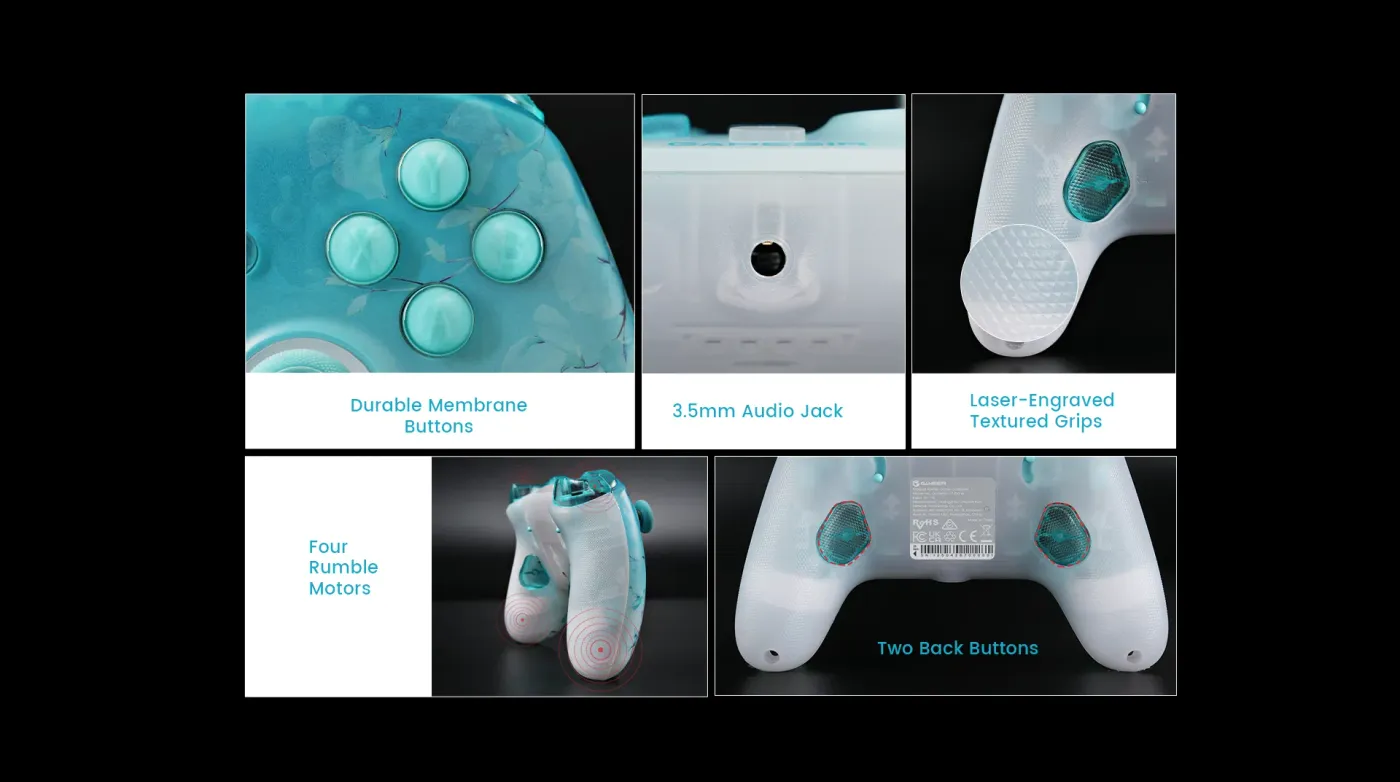 Laser-engraved textured grips on the Floral GameSir T7 Pro