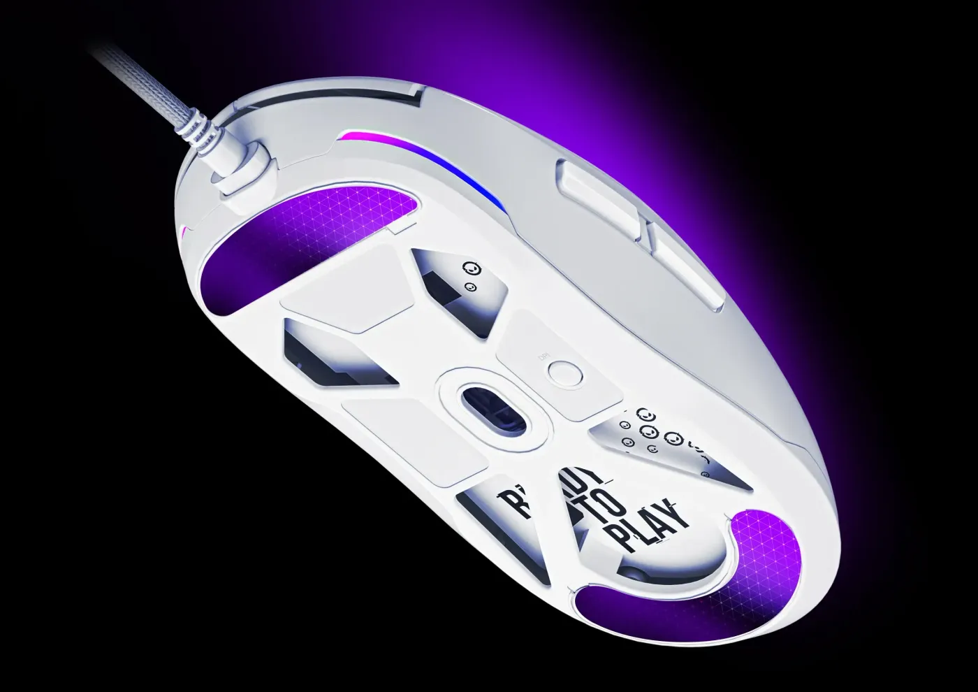 Underside of mouse showing PTFE gliders