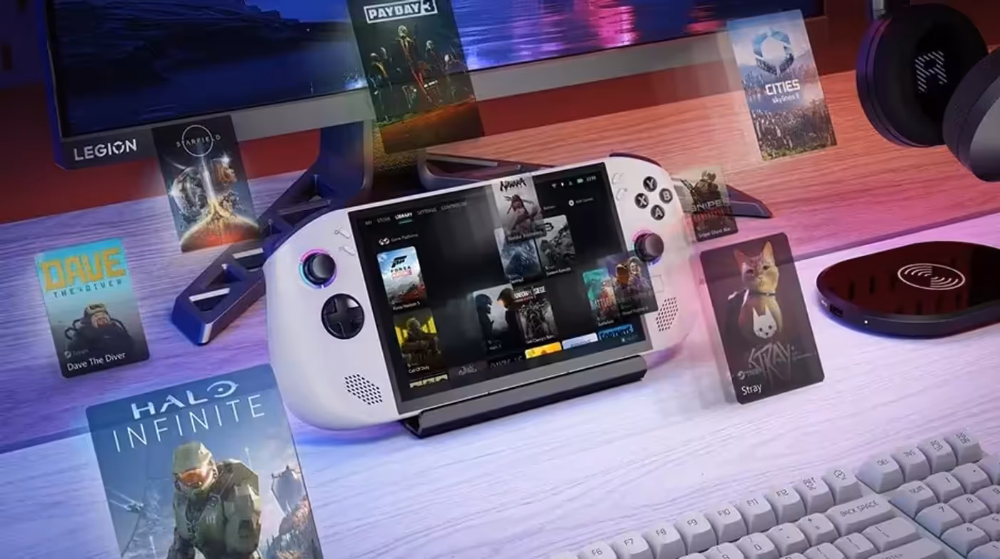 Person using Lenovo Legion Go S Gen 1 (8") gaming handheld with performance settings and in-game controls displayed.