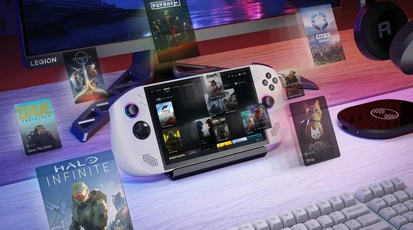 Person using Lenovo Legion Go S Gen 1 (8") gaming handheld with performance settings and in-game controls displayed.