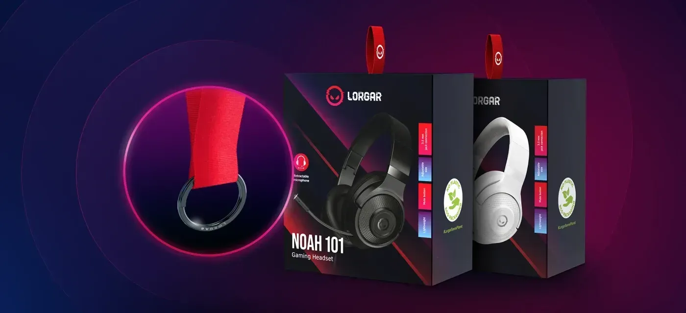 Lorgar branded keychain gift included with Noah 101 headset packaging